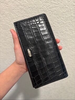 Longchamp Black Leather Croc Leather Embossed Long Snap Wallet